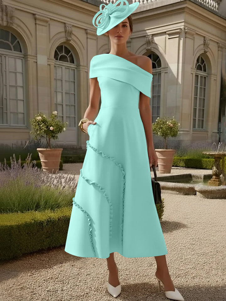 Robes pour Mère de la Mariée, Ligne A/Princesse, Une Épaule Nue, Satin Élastique, Longueur Midi, Sans Manches
