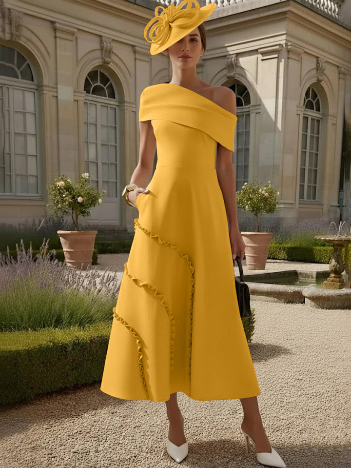 Robes pour Mère de la Mariée, Ligne A/Princesse, Une Épaule Nue, Satin Élastique, Longueur Midi, Sans Manches