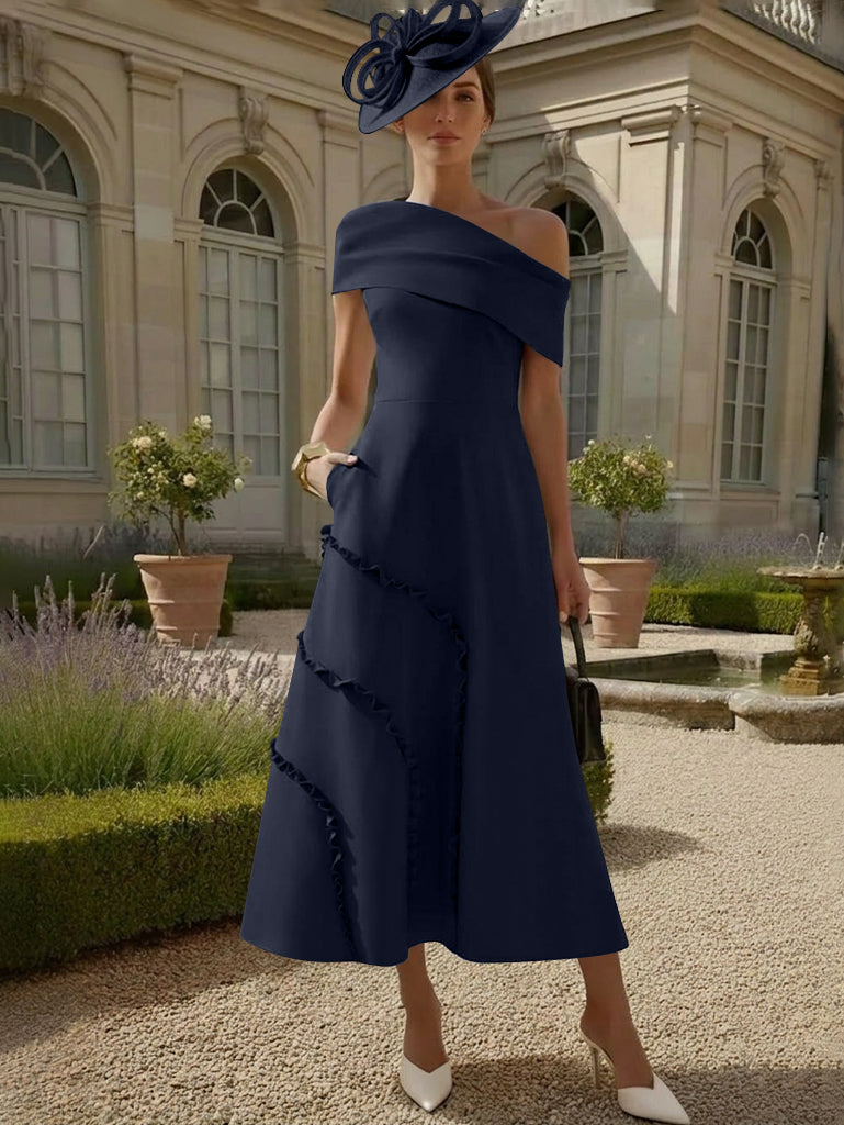 Robes pour Mère de la Mariée, Ligne A/Princesse, Une Épaule Nue, Satin Élastique, Longueur Midi, Sans Manches