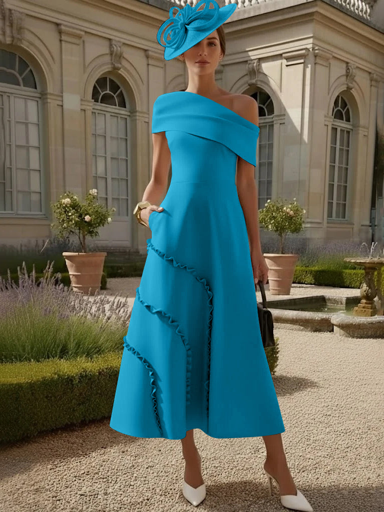 Robes pour Mère de la Mariée, Ligne A/Princesse, Une Épaule Nue, Satin Élastique, Longueur Midi, Sans Manches