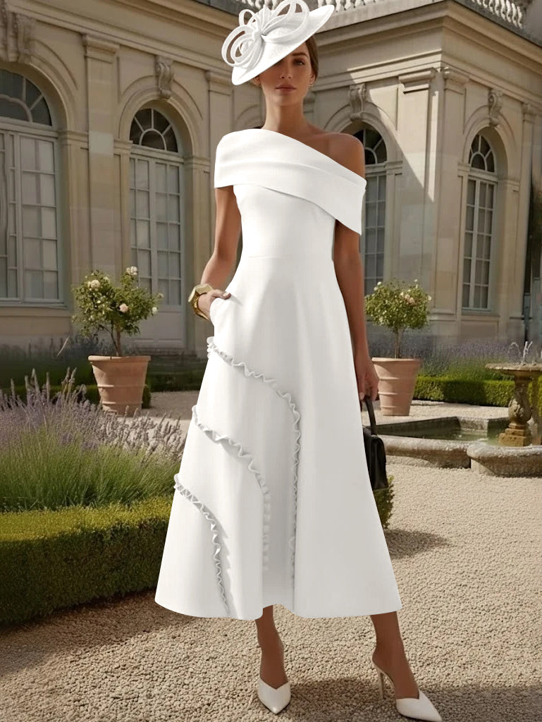 Robes pour Mère de la Mariée, Ligne A/Princesse, Une Épaule Nue, Satin Élastique, Longueur Midi, Sans Manches