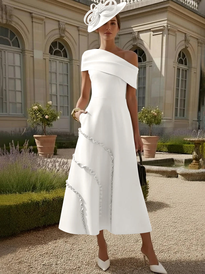Robes pour Mère de la Mariée, Ligne A/Princesse, Une Épaule Nue, Satin Élastique, Longueur Midi, Sans Manches