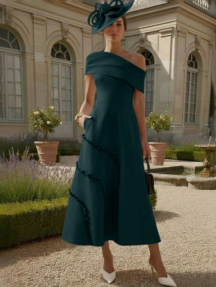Robes pour Mère de la Mariée, Ligne A/Princesse, Une Épaule Nue, Satin Élastique, Longueur Midi, Sans Manches