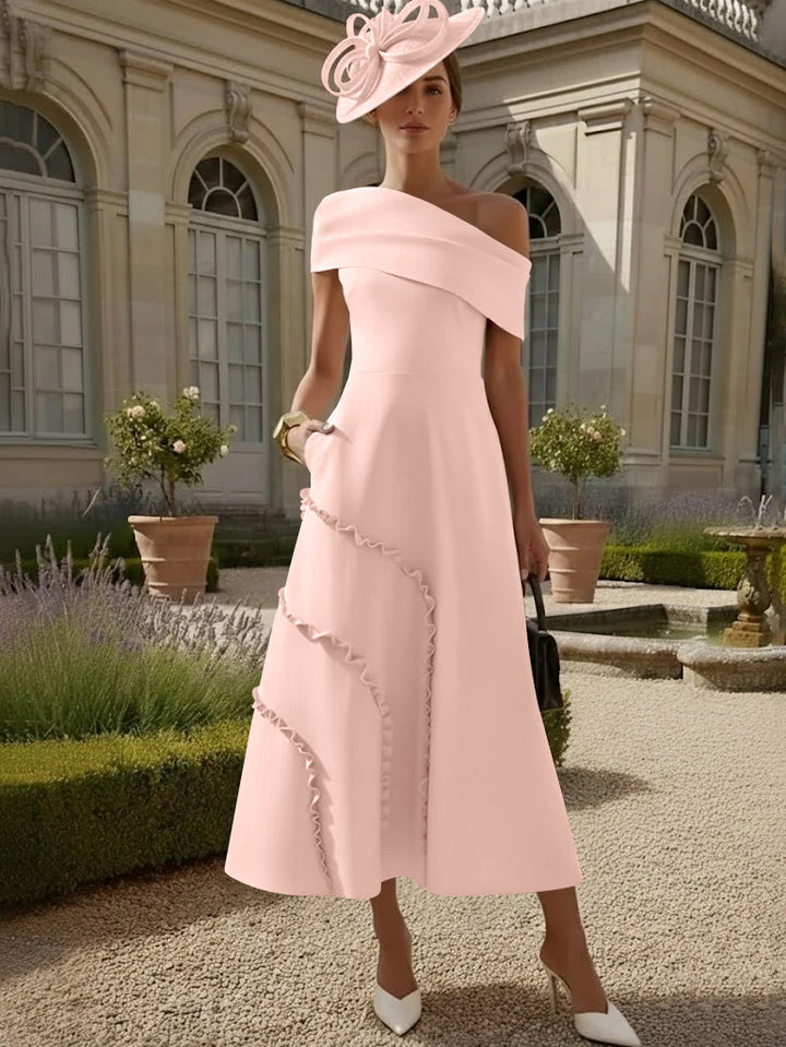 Robes pour Mère de la Mariée, Ligne A/Princesse, Une Épaule Nue, Satin Élastique, Longueur Midi, Sans Manches