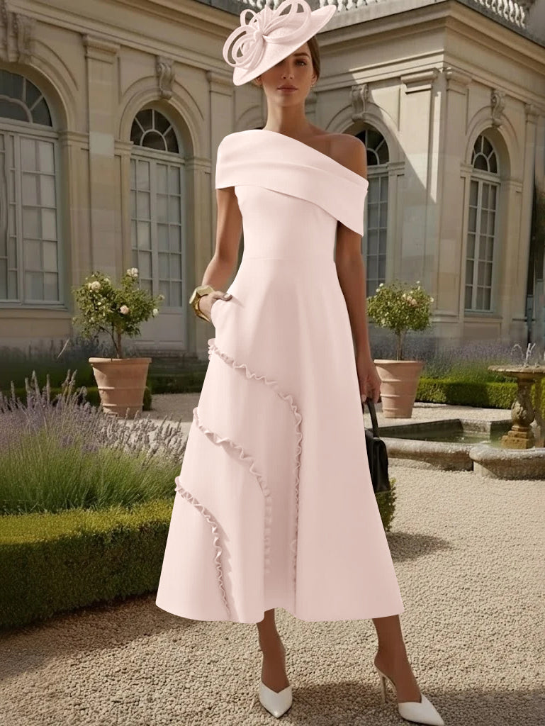 Robes pour Mère de la Mariée, Ligne A/Princesse, Une Épaule Nue, Satin Élastique, Longueur Midi, Sans Manches