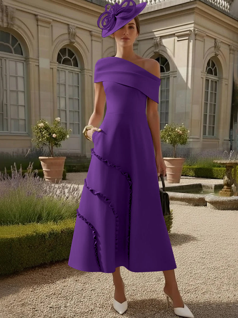 Robes pour Mère de la Mariée, Ligne A/Princesse, Une Épaule Nue, Satin Élastique, Longueur Midi, Sans Manches