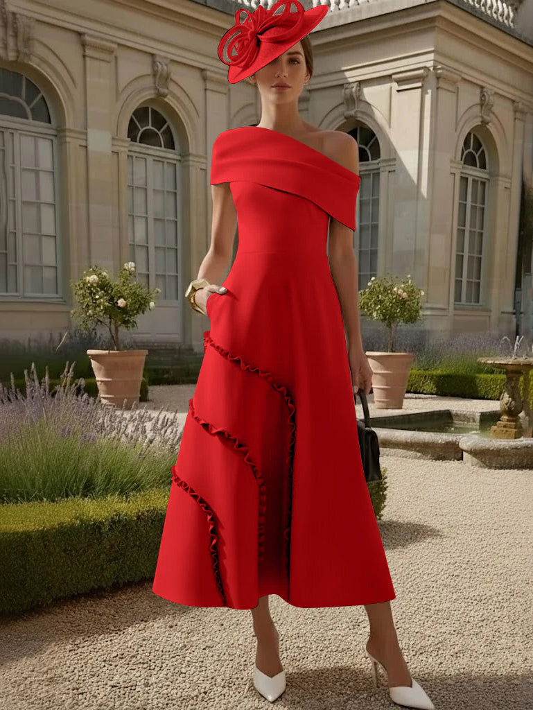 Robes pour Mère de la Mariée, Ligne A/Princesse, Une Épaule Nue, Satin Élastique, Longueur Midi, Sans Manches
