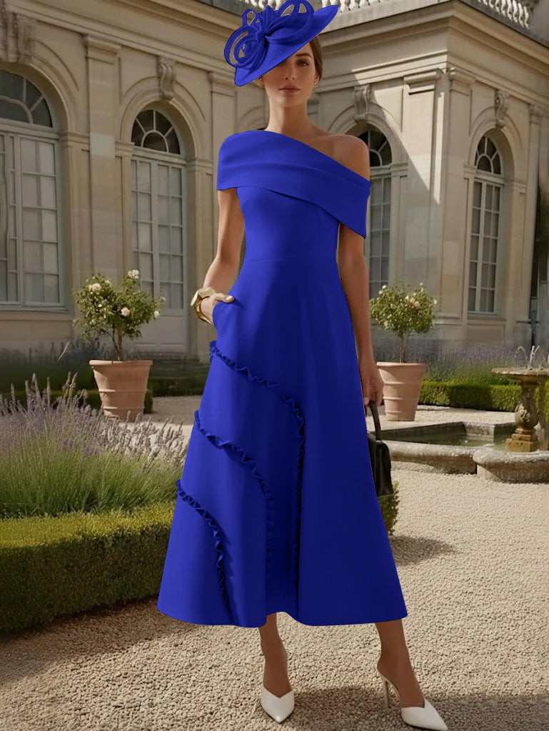 Robes pour Mère de la Mariée, Ligne A/Princesse, Une Épaule Nue, Satin Élastique, Longueur Midi, Sans Manches
