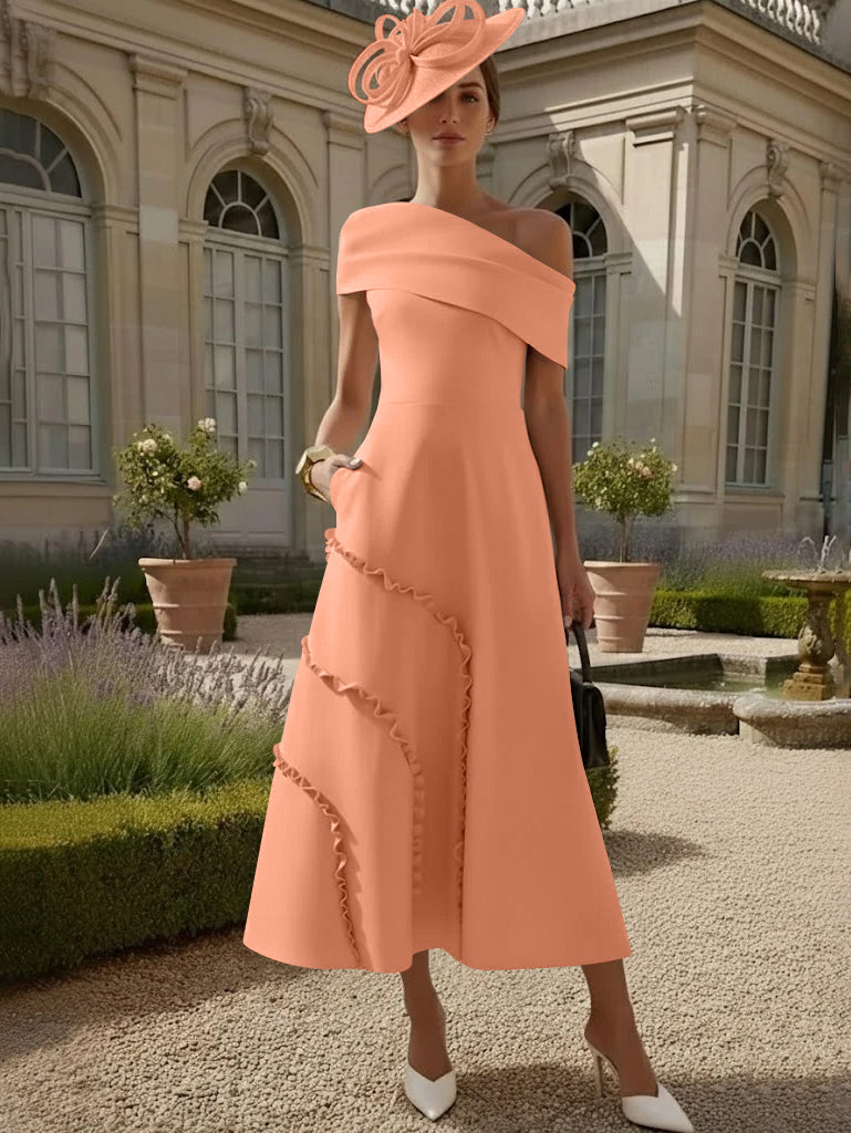 Robes pour Mère de la Mariée, Ligne A/Princesse, Une Épaule Nue, Satin Élastique, Longueur Midi, Sans Manches