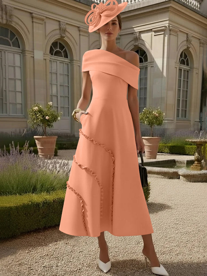 Robes pour Mère de la Mariée, Ligne A/Princesse, Une Épaule Nue, Satin Élastique, Longueur Midi, Sans Manches