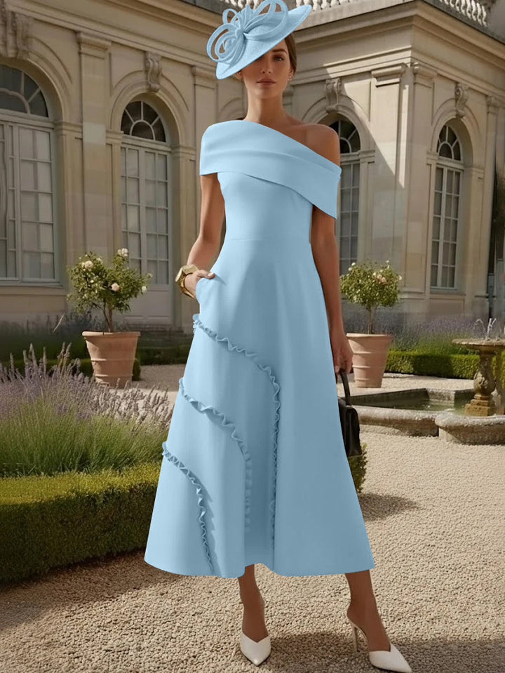 Robes pour Mère de la Mariée, Ligne A/Princesse, Une Épaule Nue, Satin Élastique, Longueur Midi, Sans Manches