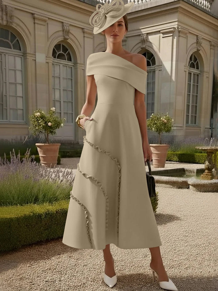 Robes pour Mère de la Mariée, Ligne A/Princesse, Une Épaule Nue, Satin Élastique, Longueur Midi, Sans Manches