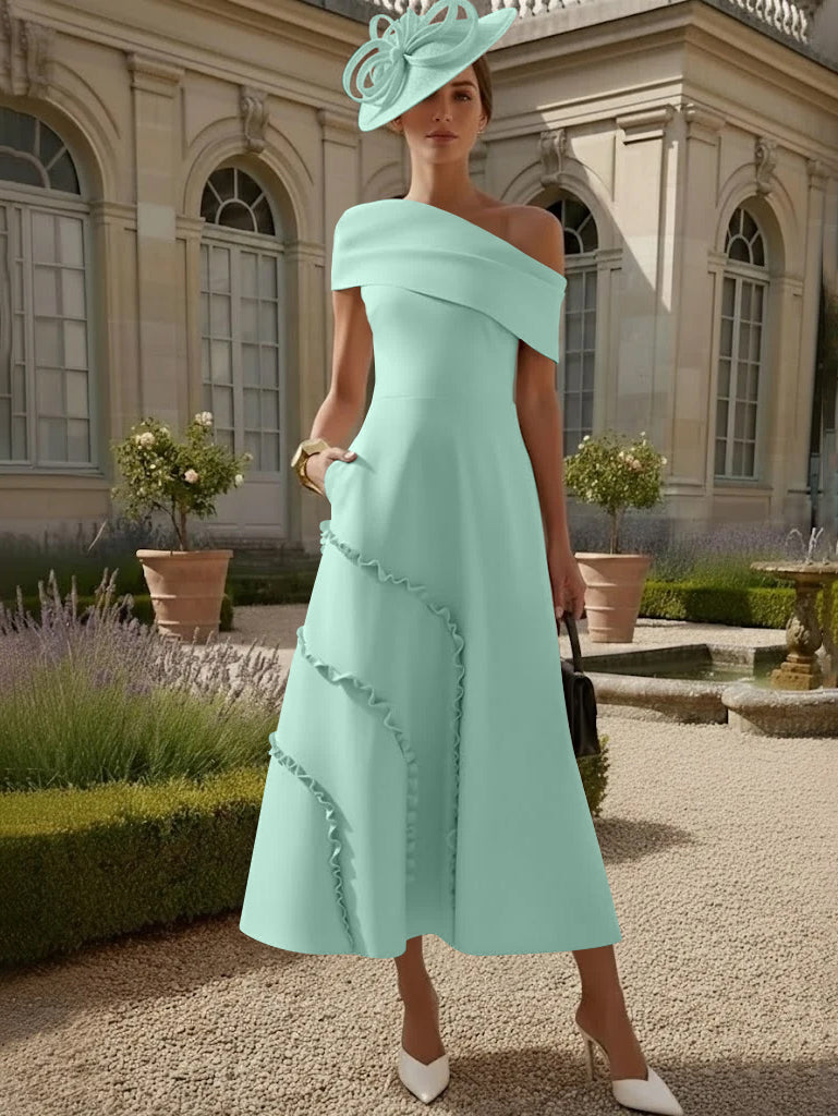 Robes pour Mère de la Mariée, Ligne A/Princesse, Une Épaule Nue, Satin Élastique, Longueur Midi, Sans Manches