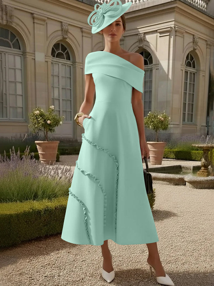 Robes pour Mère de la Mariée, Ligne A/Princesse, Une Épaule Nue, Satin Élastique, Longueur Midi, Sans Manches