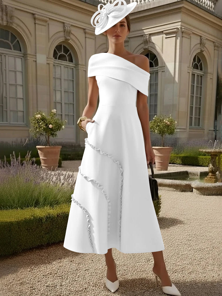 Robes pour Mère de la Mariée, Ligne A/Princesse, Une Épaule Nue, Satin Élastique, Longueur Midi, Sans Manches