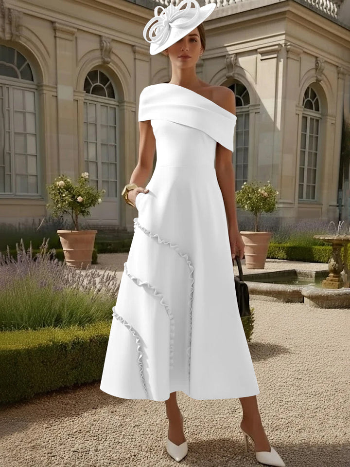 Robes pour Mère de la Mariée, Ligne A/Princesse, Une Épaule Nue, Satin Élastique, Longueur Midi, Sans Manches