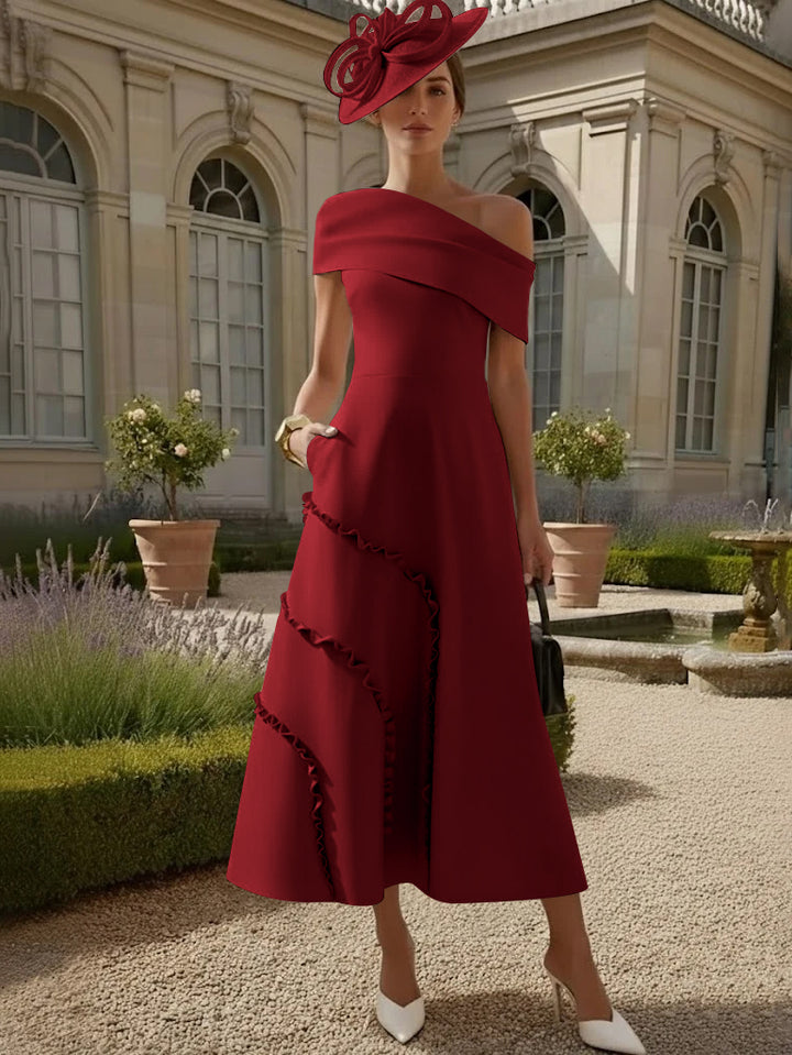 Robes pour Mère de la Mariée, Ligne A/Princesse, Une Épaule Nue, Satin Élastique, Longueur Midi, Sans Manches