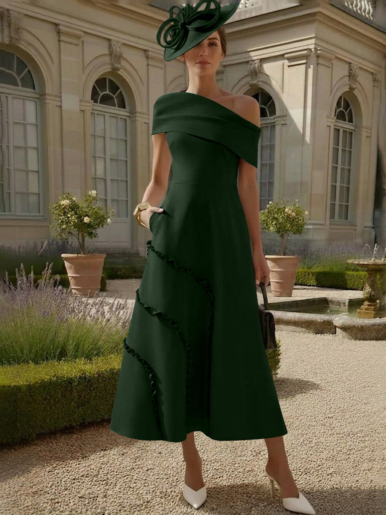 Robes pour Mère de la Mariée, Ligne A/Princesse, Une Épaule Nue, Satin Élastique, Longueur Midi, Sans Manches