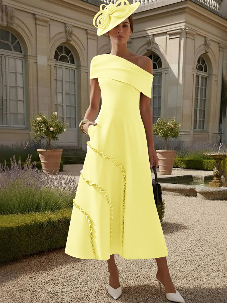 Robes pour Mère de la Mariée, Ligne A/Princesse, Une Épaule Nue, Satin Élastique, Longueur Midi, Sans Manches