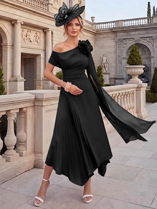 Robes pour mère de la mariée, coupe A ou princesse, une épaule dénudée, en mousseline, longueur cheville, sans manches, asymétriques, avec fleurs 3D