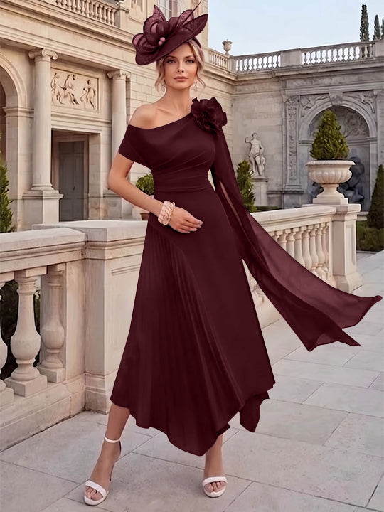 Robes pour mère de la mariée, coupe A ou princesse, une épaule dénudée, en mousseline, longueur cheville, sans manches, asymétriques, avec fleurs 3D