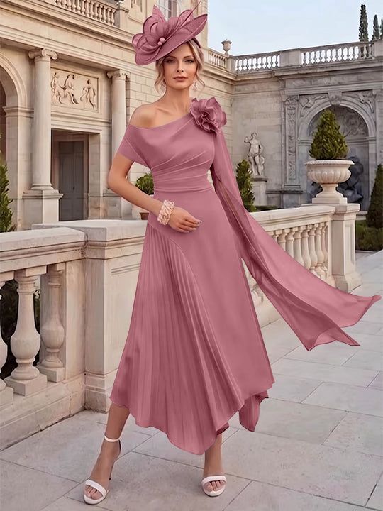 Robes pour mère de la mariée, coupe A ou princesse, une épaule dénudée, en mousseline, longueur cheville, sans manches, asymétriques, avec fleurs 3D