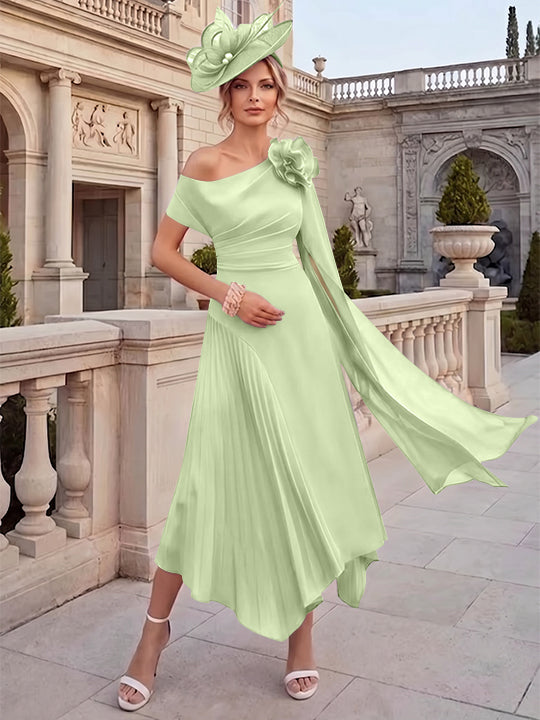 Robes pour mère de la mariée, coupe A ou princesse, une épaule dénudée, en mousseline, longueur cheville, sans manches, asymétriques, avec fleurs 3D