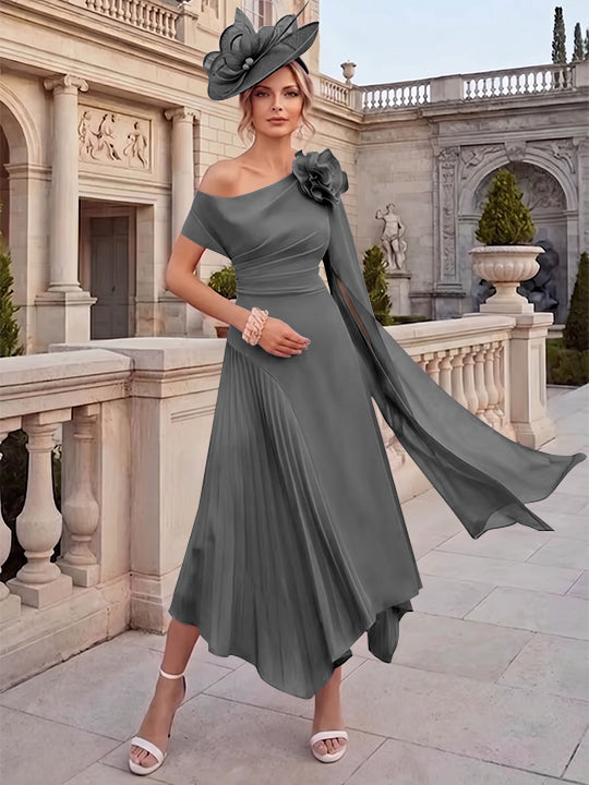 Robes pour mère de la mariée, coupe A ou princesse, une épaule dénudée, en mousseline, longueur cheville, sans manches, asymétriques, avec fleurs 3D
