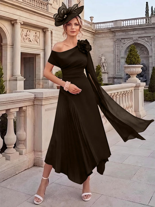 Robes pour mère de la mariée, coupe A ou princesse, une épaule dénudée, en mousseline, longueur cheville, sans manches, asymétriques, avec fleurs 3D