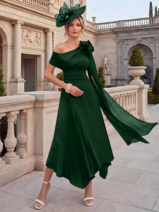 Robes pour mère de la mariée, coupe A ou princesse, une épaule dénudée, en mousseline, longueur cheville, sans manches, asymétriques, avec fleurs 3D