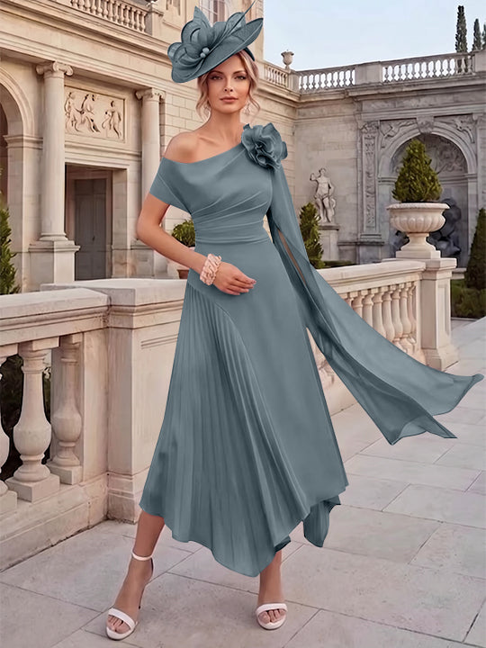 Robes pour mère de la mariée, coupe A ou princesse, une épaule dénudée, en mousseline, longueur cheville, sans manches, asymétriques, avec fleurs 3D