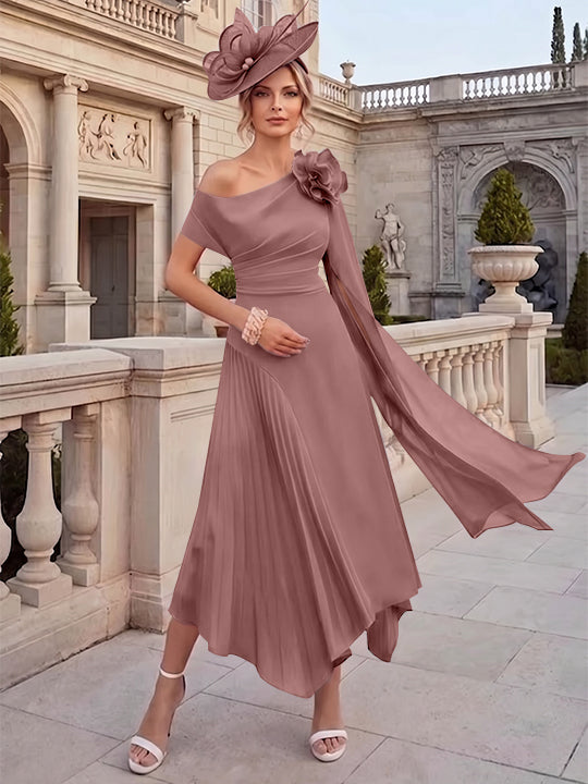 Robes pour mère de la mariée, coupe A ou princesse, une épaule dénudée, en mousseline, longueur cheville, sans manches, asymétriques, avec fleurs 3D