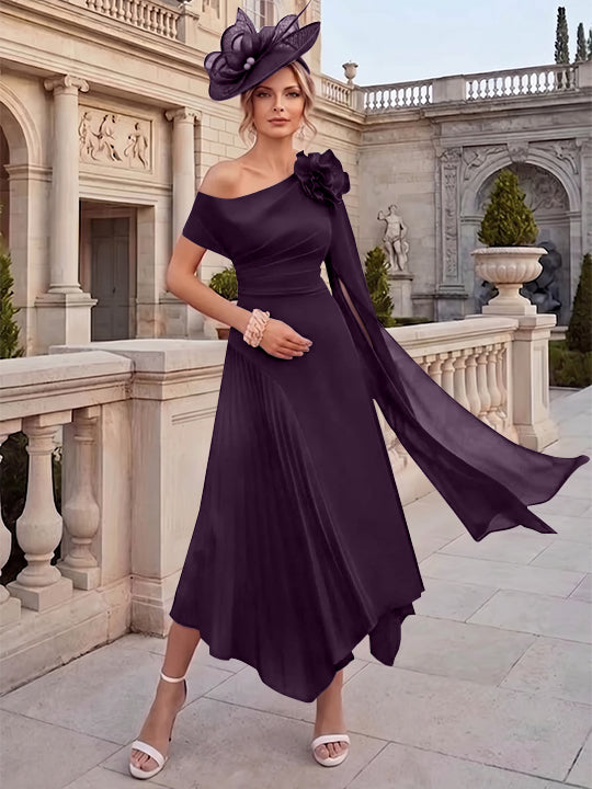 Robes pour mère de la mariée, coupe A ou princesse, une épaule dénudée, en mousseline, longueur cheville, sans manches, asymétriques, avec fleurs 3D