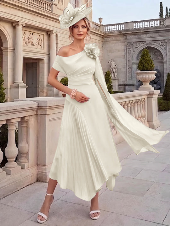 Robes pour mère de la mariée, coupe A ou princesse, une épaule dénudée, en mousseline, longueur cheville, sans manches, asymétriques, avec fleurs 3D