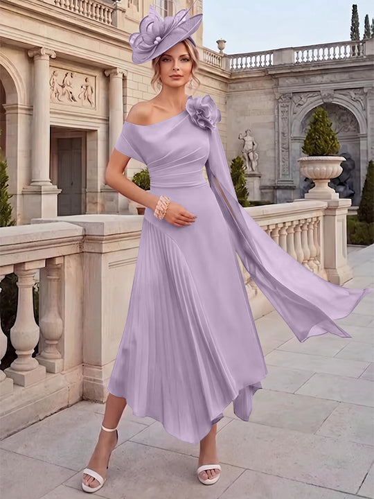 Robes pour mère de la mariée, coupe A ou princesse, une épaule dénudée, en mousseline, longueur cheville, sans manches, asymétriques, avec fleurs 3D