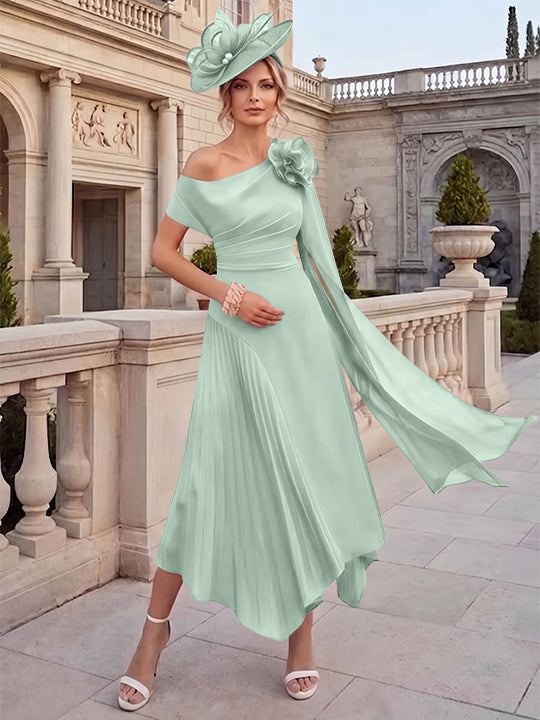 Robes pour mère de la mariée, coupe A ou princesse, une épaule dénudée, en mousseline, longueur cheville, sans manches, asymétriques, avec fleurs 3D