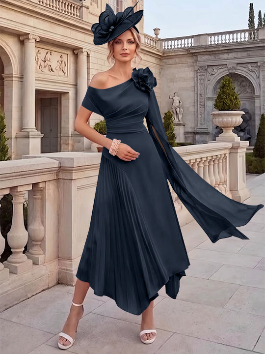 Robes pour mère de la mariée, coupe A ou princesse, une épaule dénudée, en mousseline, longueur cheville, sans manches, asymétriques, avec fleurs 3D