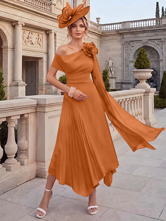 Robes pour mère de la mariée, coupe A ou princesse, une épaule dénudée, en mousseline, longueur cheville, sans manches, asymétriques, avec fleurs 3D