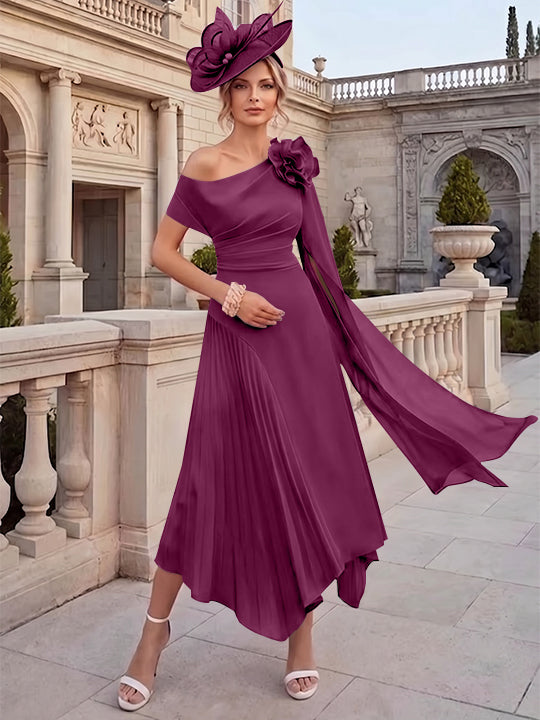 Robes pour mère de la mariée, coupe A ou princesse, une épaule dénudée, en mousseline, longueur cheville, sans manches, asymétriques, avec fleurs 3D