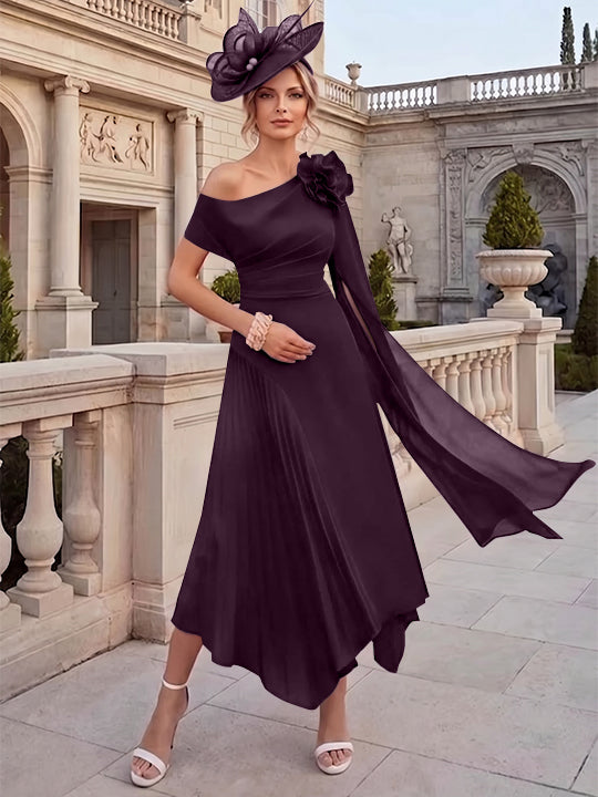 Robes pour mère de la mariée, coupe A ou princesse, une épaule dénudée, en mousseline, longueur cheville, sans manches, asymétriques, avec fleurs 3D