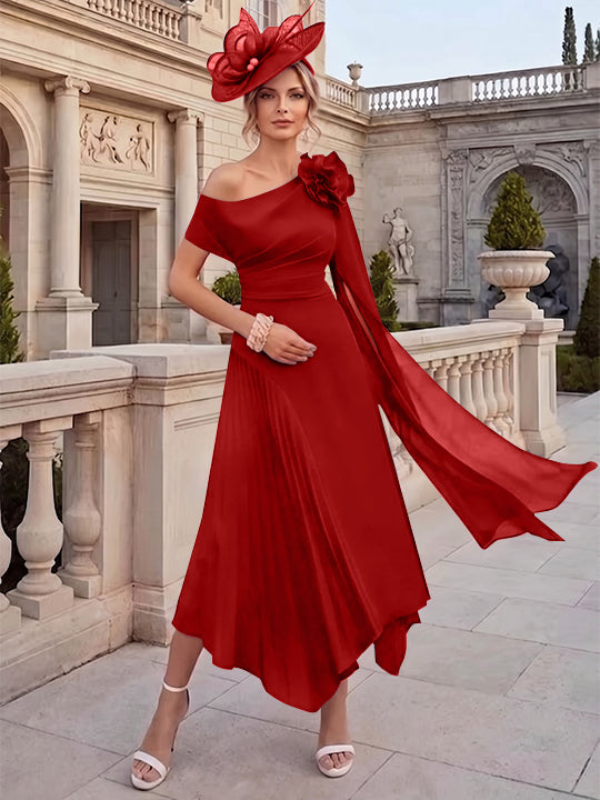 Robes pour mère de la mariée, coupe A ou princesse, une épaule dénudée, en mousseline, longueur cheville, sans manches, asymétriques, avec fleurs 3D