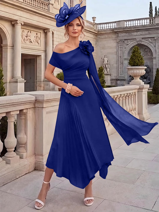 Robes pour mère de la mariée, coupe A ou princesse, une épaule dénudée, en mousseline, longueur cheville, sans manches, asymétriques, avec fleurs 3D