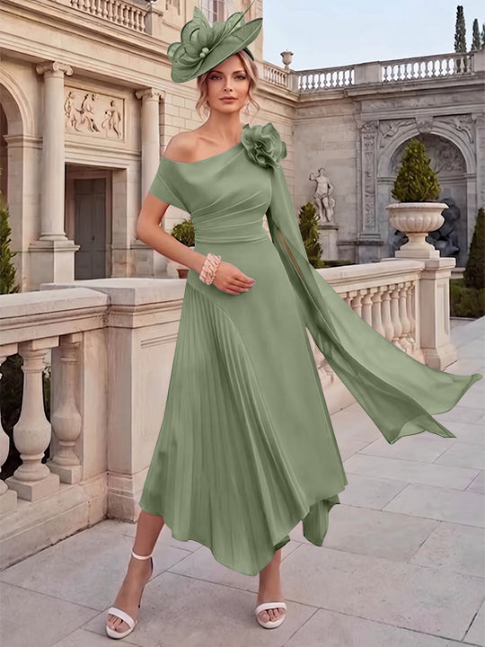 Robes pour mère de la mariée, coupe A ou princesse, une épaule dénudée, en mousseline, longueur cheville, sans manches, asymétriques, avec fleurs 3D