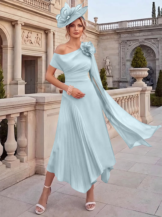Robes pour mère de la mariée, coupe A ou princesse, une épaule dénudée, en mousseline, longueur cheville, sans manches, asymétriques, avec fleurs 3D