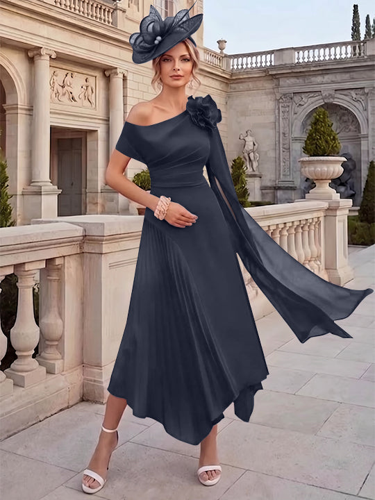 Robes pour mère de la mariée, coupe A ou princesse, une épaule dénudée, en mousseline, longueur cheville, sans manches, asymétriques, avec fleurs 3D