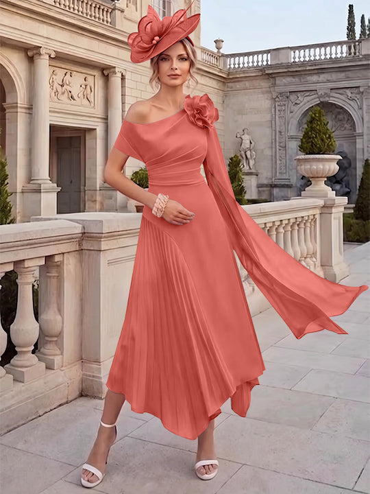 Robes pour mère de la mariée, coupe A ou princesse, une épaule dénudée, en mousseline, longueur cheville, sans manches, asymétriques, avec fleurs 3D