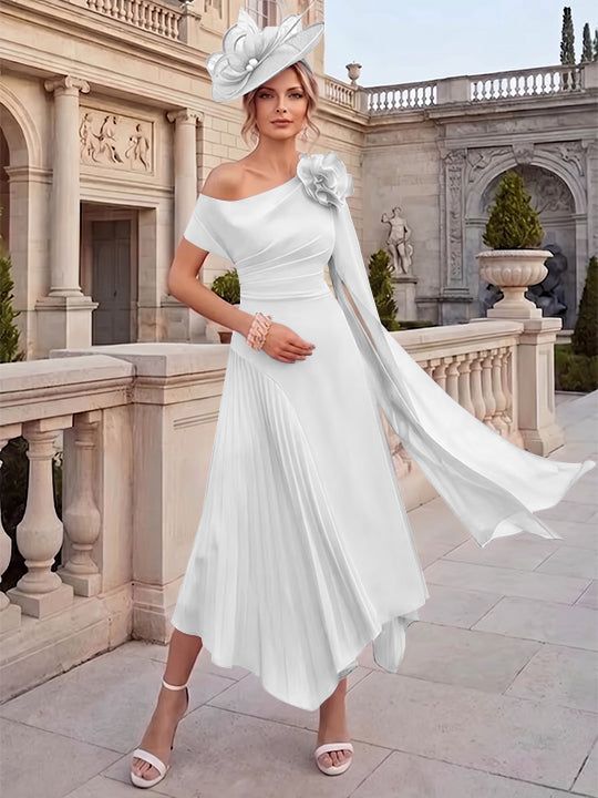 Robes pour mère de la mariée, coupe A ou princesse, une épaule dénudée, en mousseline, longueur cheville, sans manches, asymétriques, avec fleurs 3D