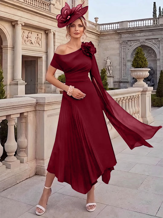 Robes pour mère de la mariée, coupe A ou princesse, une épaule dénudée, en mousseline, longueur cheville, sans manches, asymétriques, avec fleurs 3D