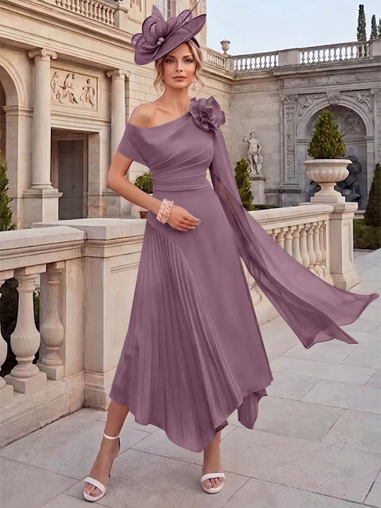 Robes pour mère de la mariée, coupe A ou princesse, une épaule dénudée, en mousseline, longueur cheville, sans manches, asymétriques, avec fleurs 3D