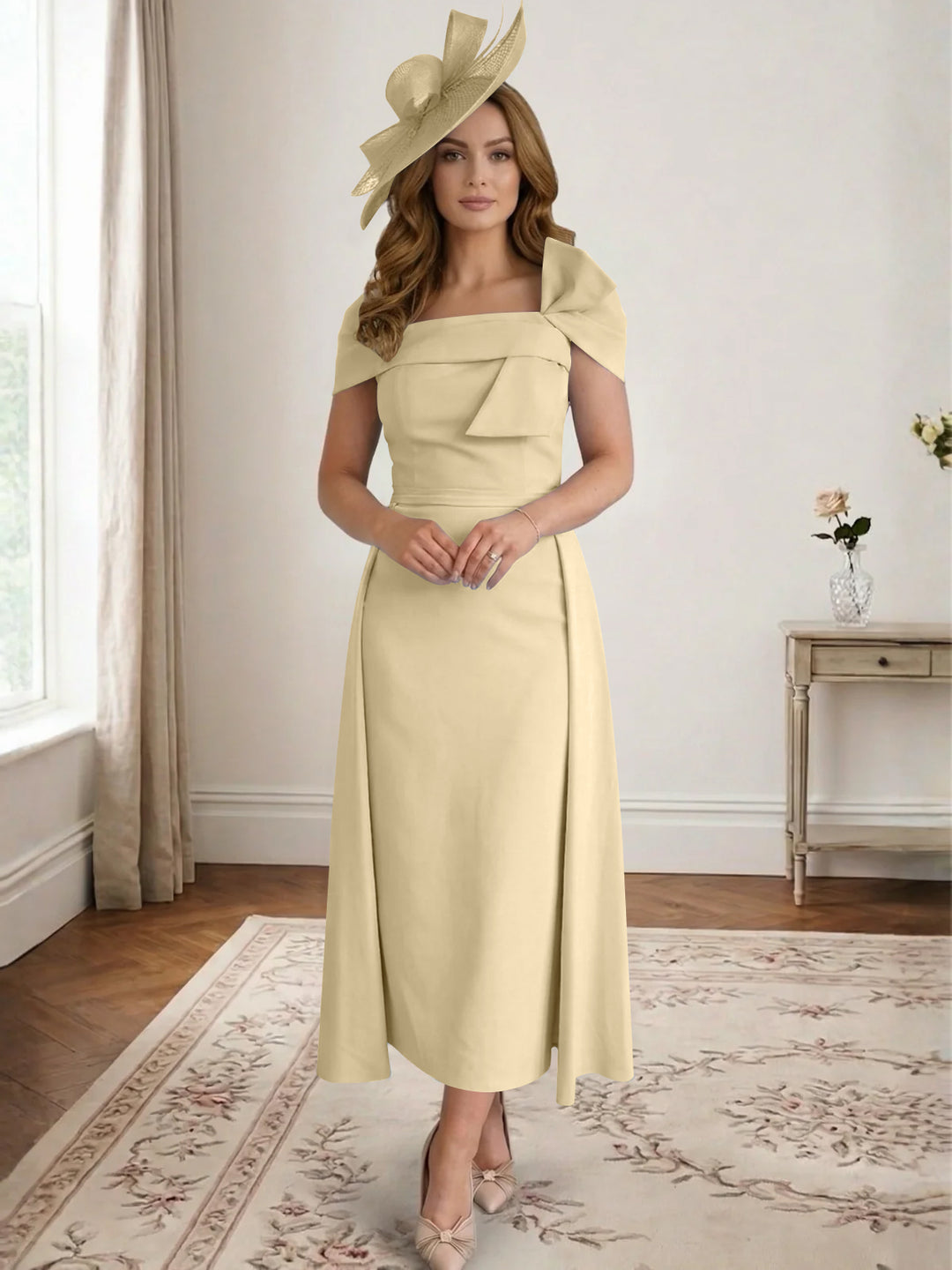 Robe de Mère de la Mariée, Ligne A/Princesse, Satin, Hors de l'Épaule, Longueur Midi, avec Nœud